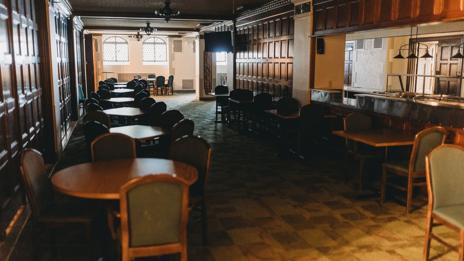 The gaming lounge before opening, tables laid out and empty